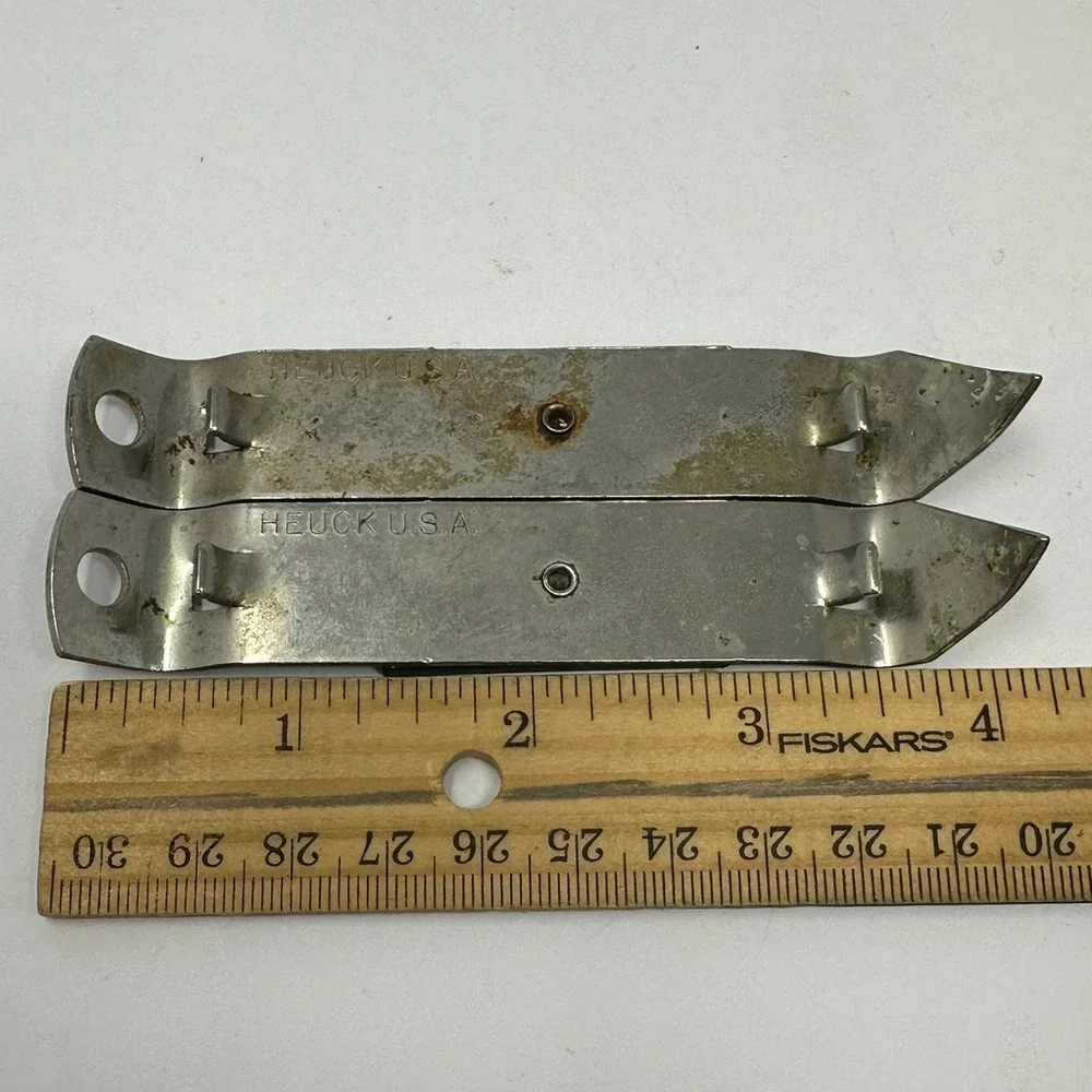 Vintage Heuck USA Magnetic Bottle Opener Church Key Can Piercer Metal Set of 2
